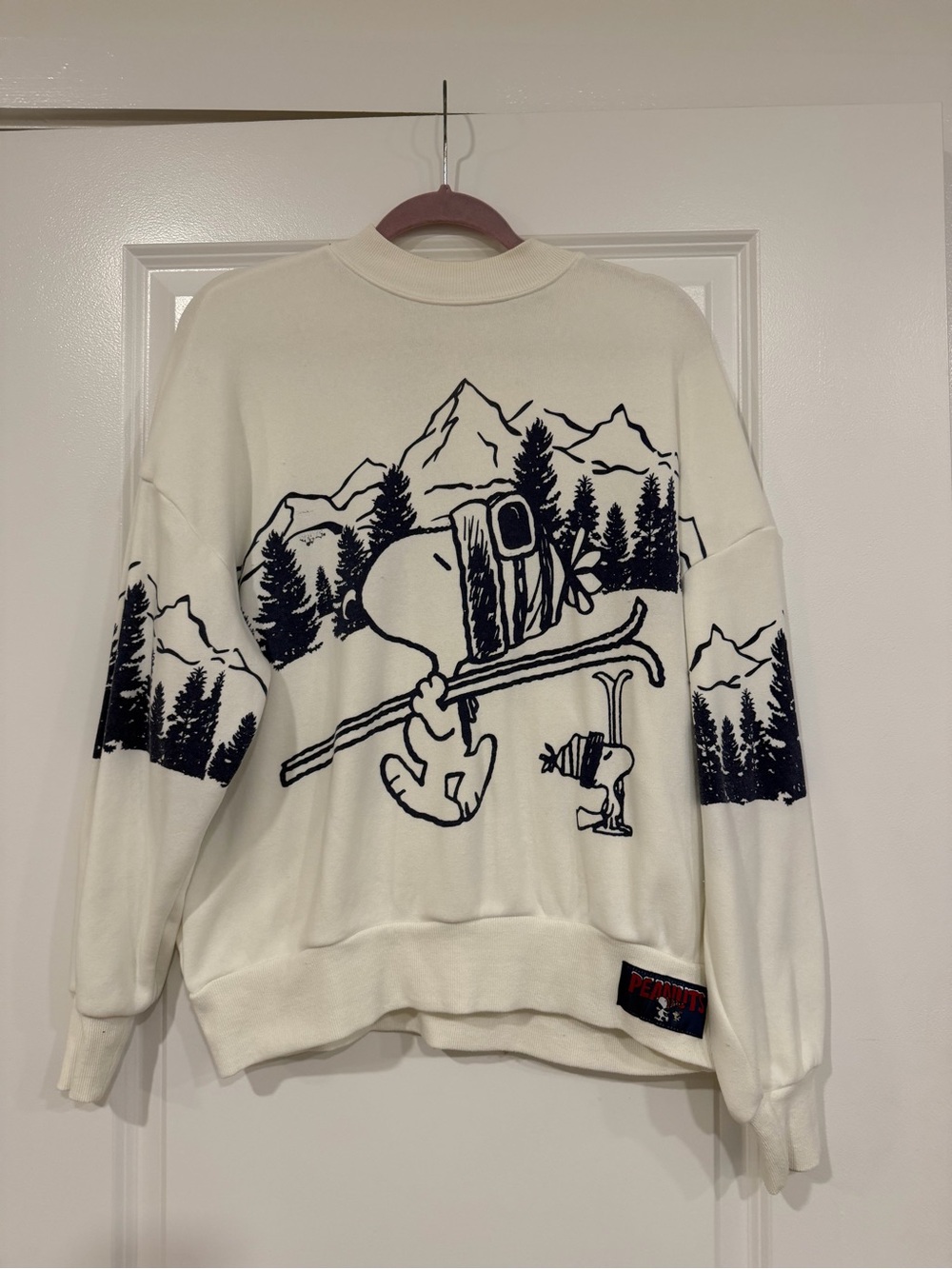 Peanuts White Crewneck Sweater with Navy Ski Graphic - Picture 5 of 6